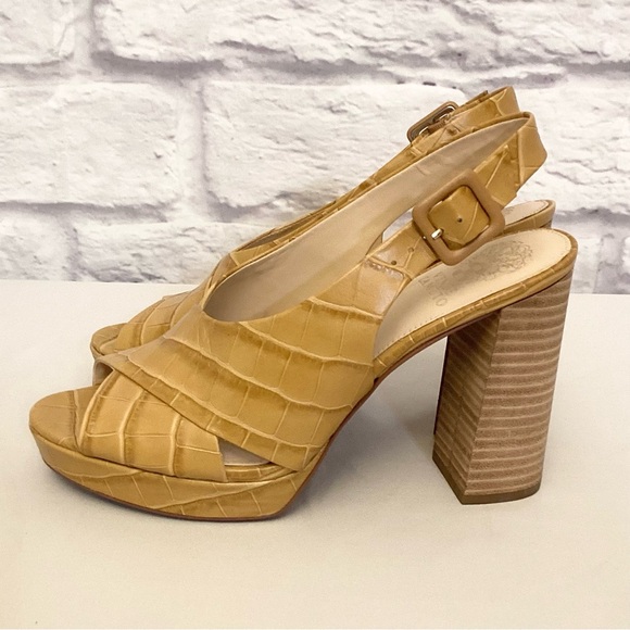 Vince Camuto 9 Javasan Caramel Croc Leather Women’s Sandals Heels Chunky Shoes - Picture 13 of 13
